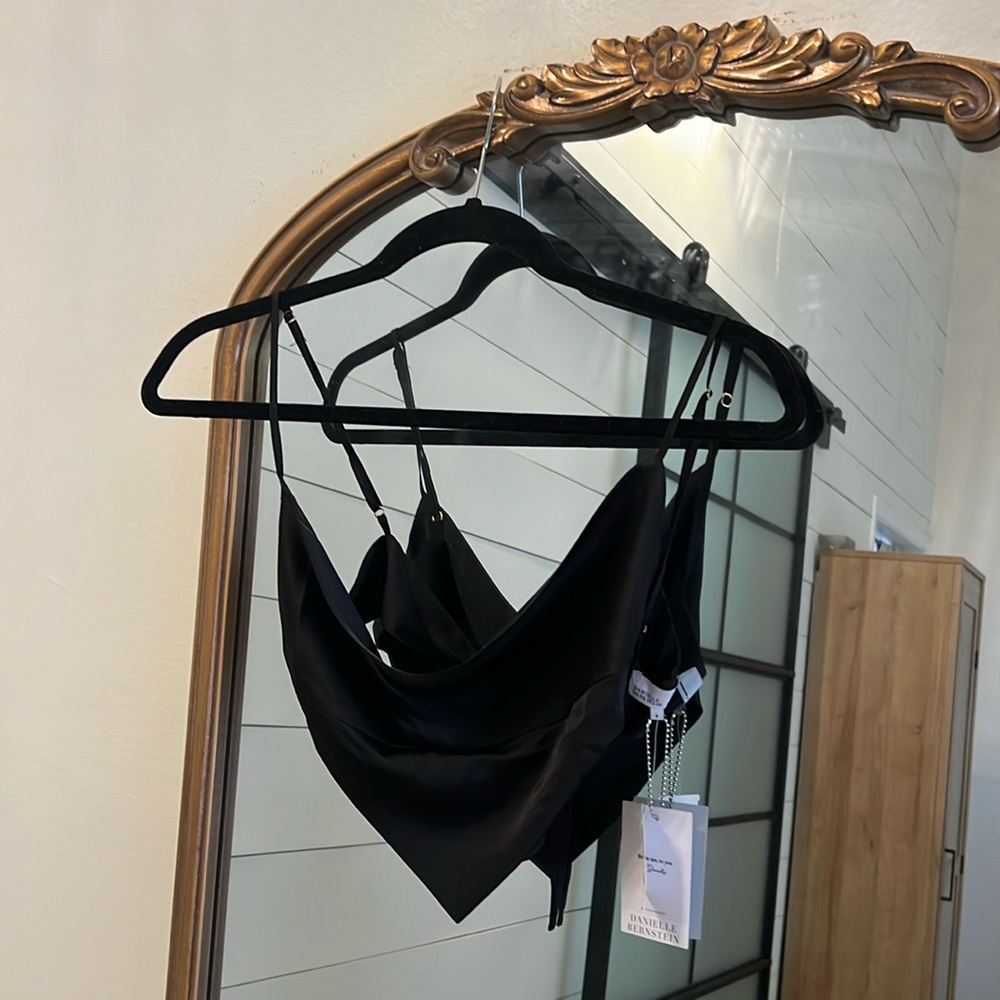 NWT - Danielle Bernstein Satin Black Tie Top